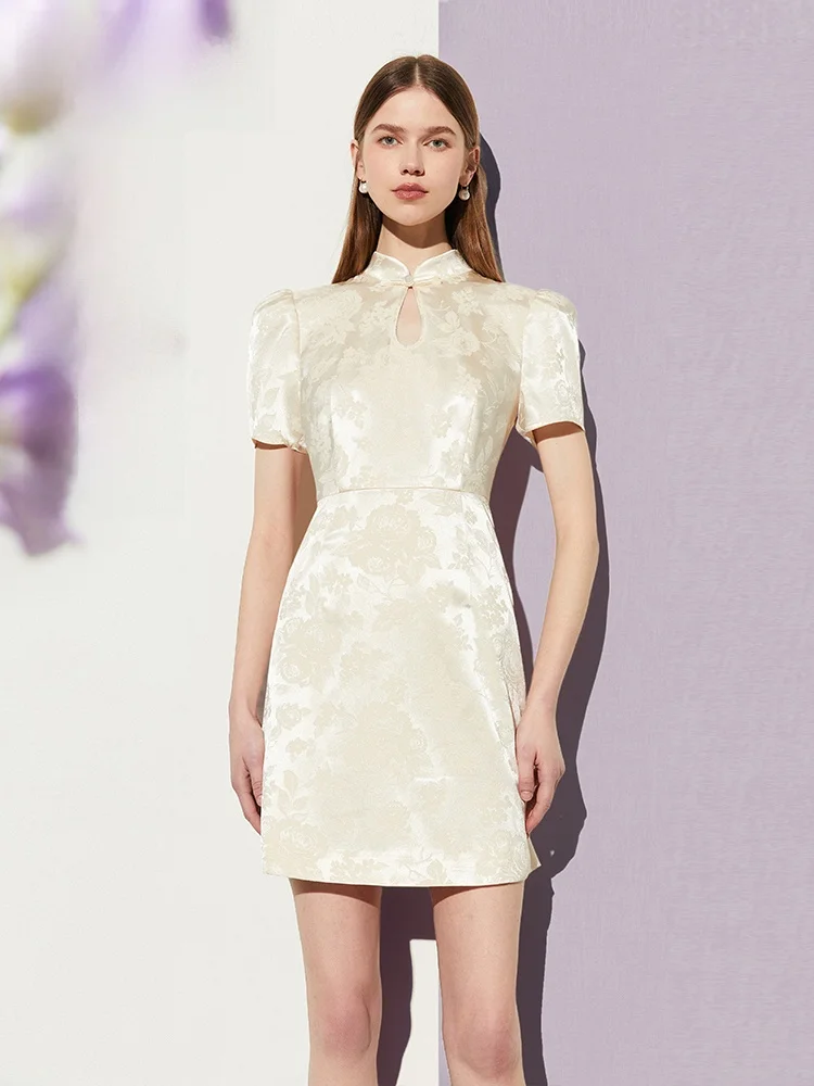 

New Chinese Sle Satin ort Dr Collarl Floral Embroidery National Trend Dr for Young Women