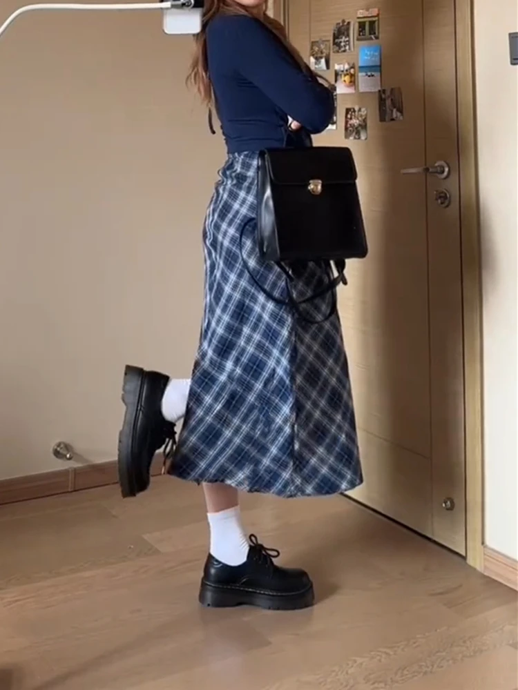 High Waist Plaid Midi Skirt Women's plus Size Conceal Meat Slim Pear ape A-Line Skirt Korean Sle Commute Pattern