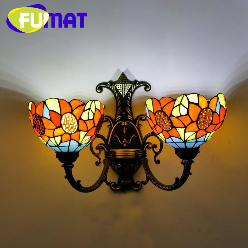 FUMAT Tiffany style stained glass sunflower retro wall lamp for bedroom bedside lamp living room corridor balcony LED decor