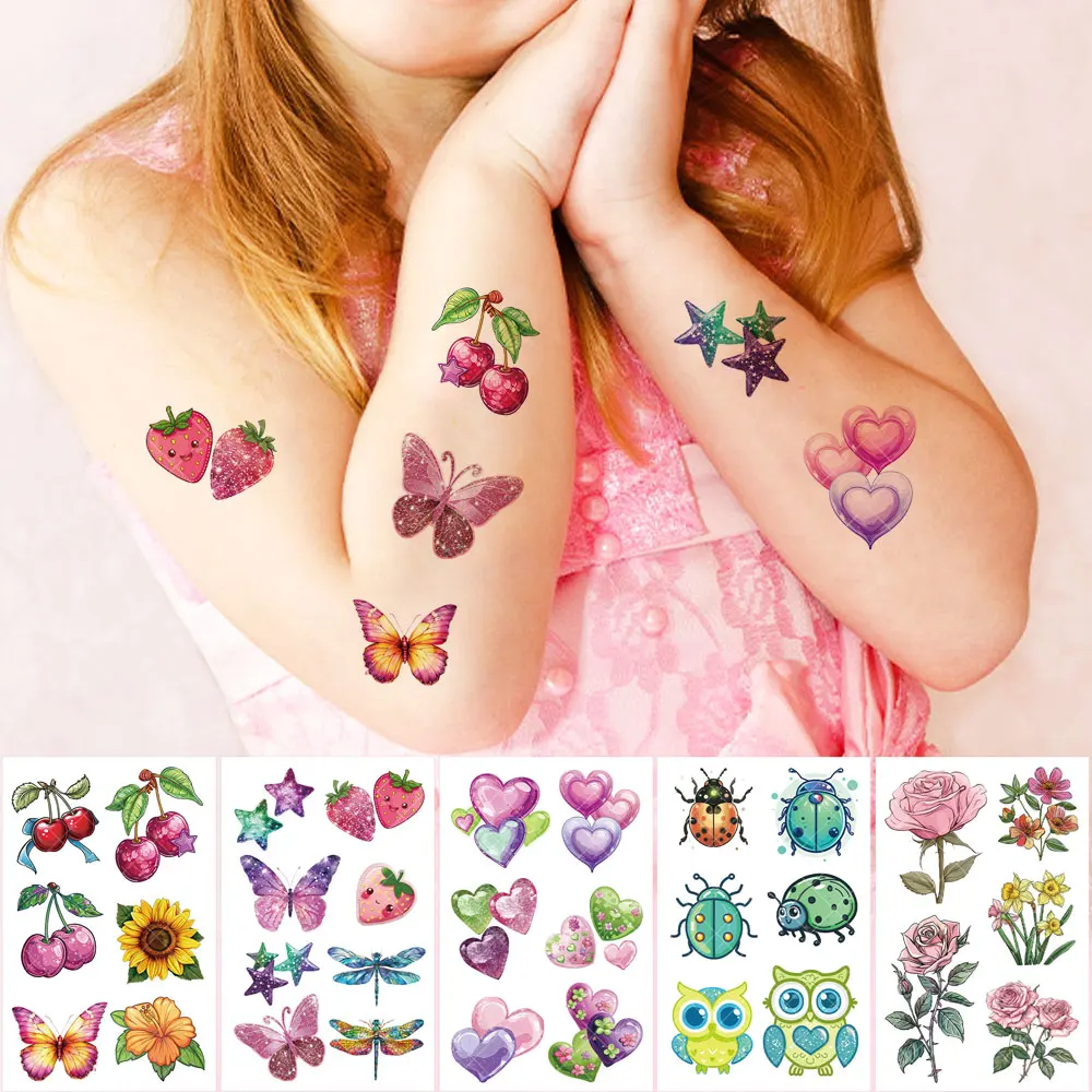 

10-листовые блестящие татуировки-наклейки с цветочным узором бабочки, временные татуировки для девочек и женщин, поддельные мощные татуировки