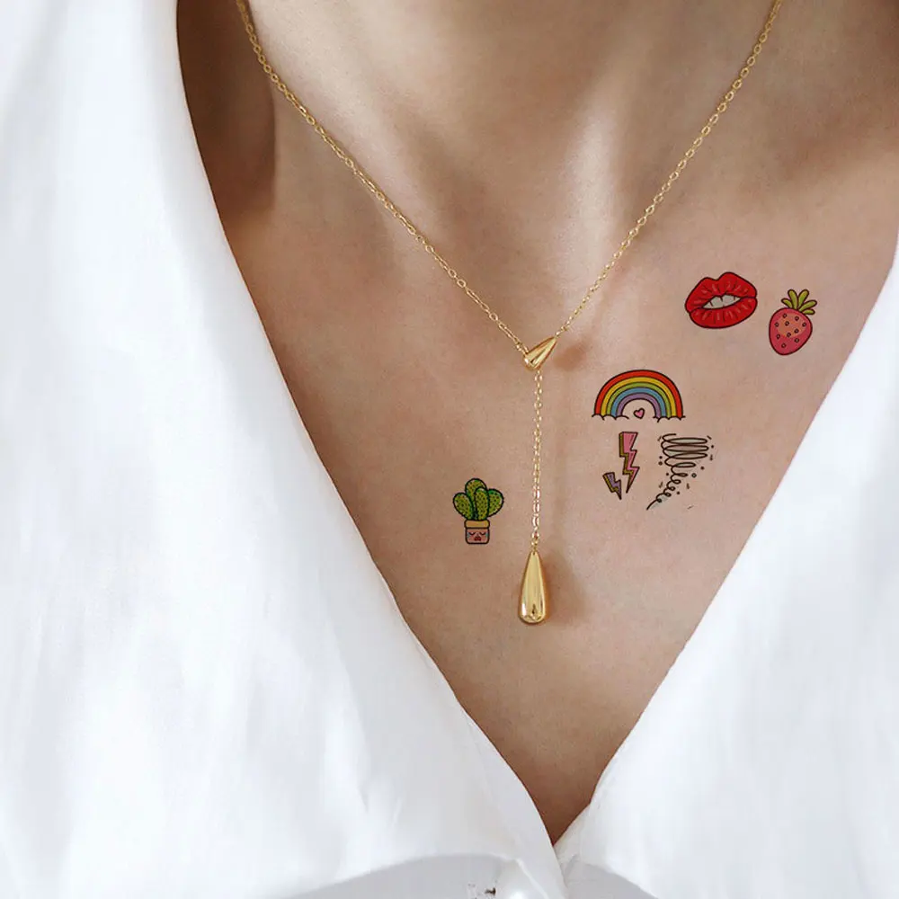 30 folhas de tatuagens temporárias de desenho animado fofo para mãos, adesivos de tatuagem à prova d'água, arco-íris, frutas, lua, tatuagem de dedo falso