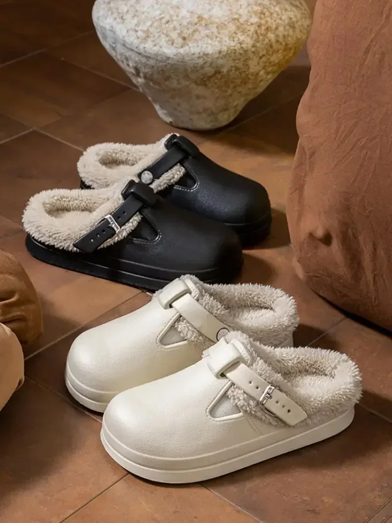 Lässige Hausschuhe mit Metallschnalle, warme Plüsch-Mules für Damen, Winter-Hausschuhe mit weicher, dicker Sohle, wasserdichte EVA-Fell-Clogs für Frauen – Detail 4