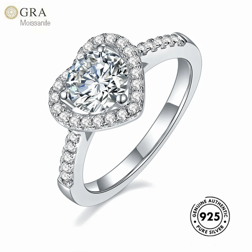 

GRA Moissanite Diamond 0.5-1ct Real 925 Sterling Silver Heart Jewelry Rings For Girls