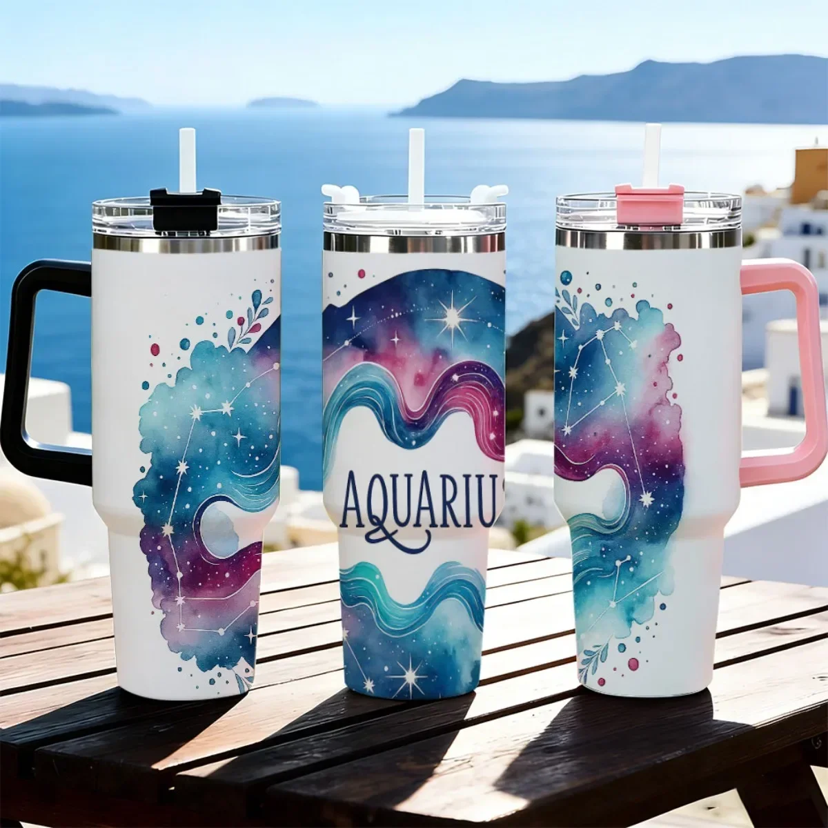 Watercolor Galaxy Aquarius Constellation Print 40oz Insulated Tumbler Stainless Steel Travel Cup With Colorful Handle Straw Lid