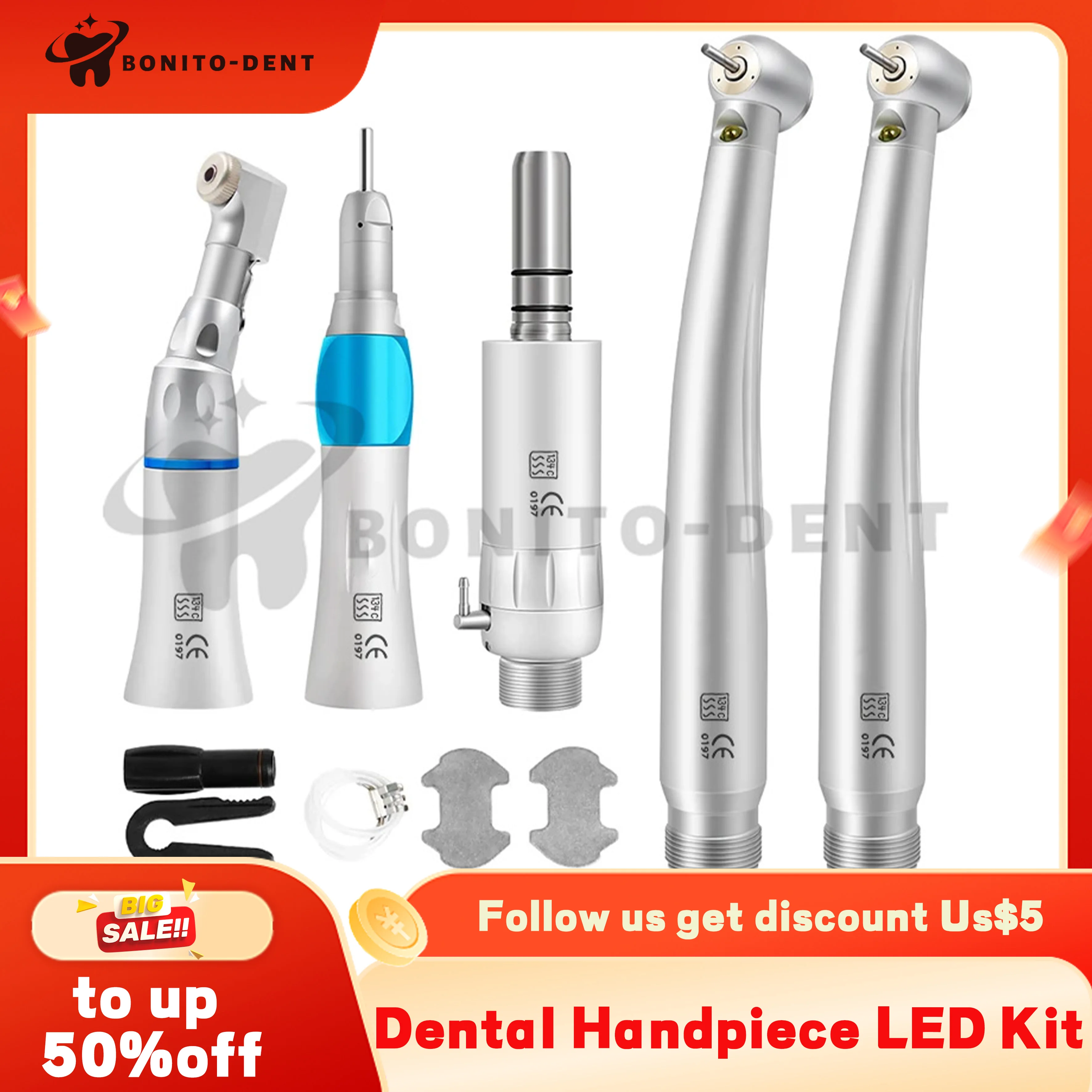 Dental LED High and Low Speed Handpiece Kit Push Button Type Air Turbine Contra Angle Air motor Straight tool