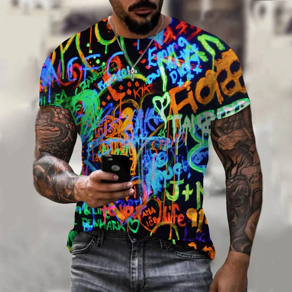 Top 2024 New Neon Graffiti 3D T-shirt for Men and Women Summer Casual Short Sleeve Harajuku Street Dance Top