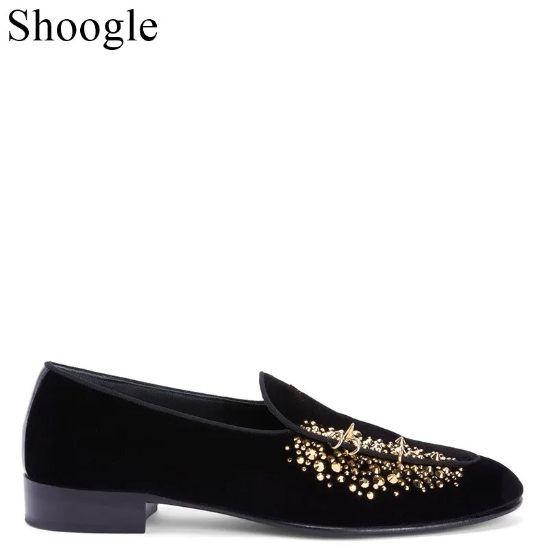 

SHOOEGLE Men Handmade Studs Spike Shoes Black Velvet Glitter Diamond Loafers Shoes Crystal Rivets Party Wedding Dress Shoes