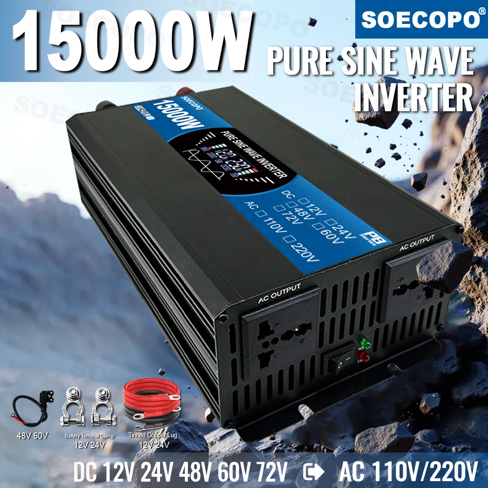 Reiner Sinus-Wechselrichter, 15000 W, 2 Steckdosen, 12 V, 220 V, Solarenergie-Wechselrichter, DC 12/24/48/60/72 V, zu AC 110 V/220 V, Zuhause, Outdoor, Camping