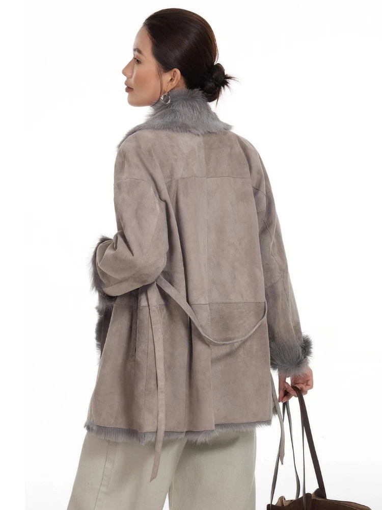 High-end luxe Toscana lamsbont winter suède jassen voor dames eenvoudige elegante lederen echt bont shearling jas met riem