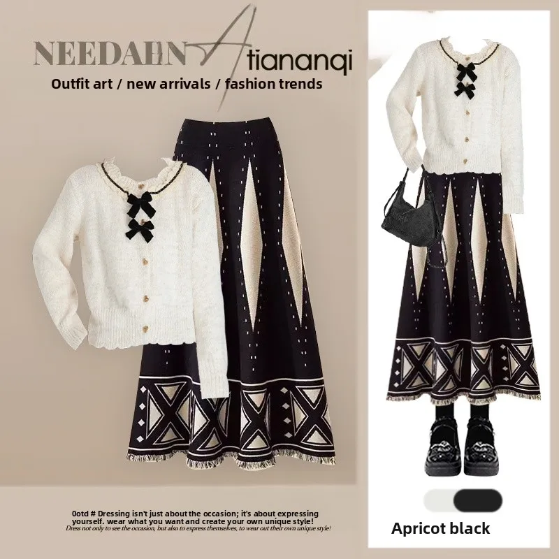 

Korean Sle Lace Trim Knot Single Button Sweater And Geometric Print Skirt Two Piece Set Slimming Effect