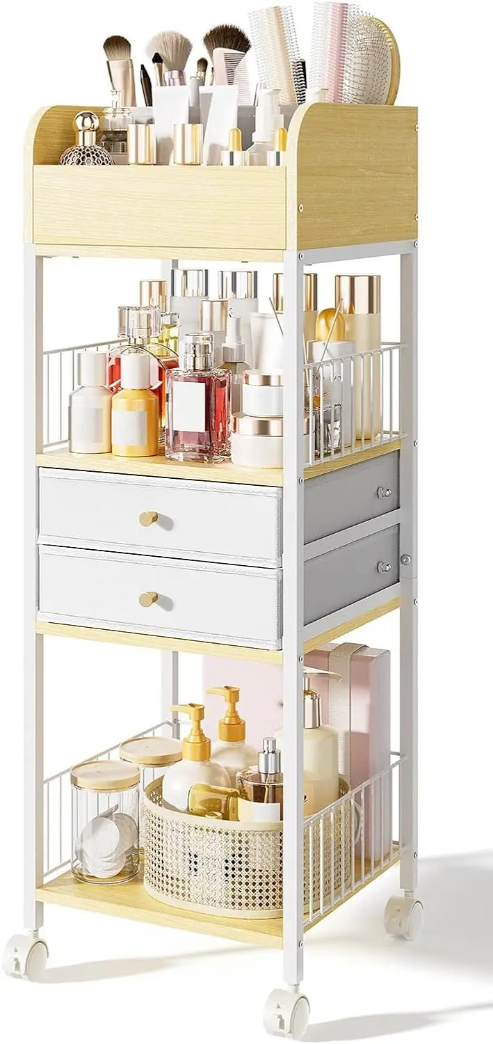 

Rolling Makeup Organizer Cart with Drawers and Wheels, Versatile Storage for Bathroom Kitchen Home in White Metal Wood Design