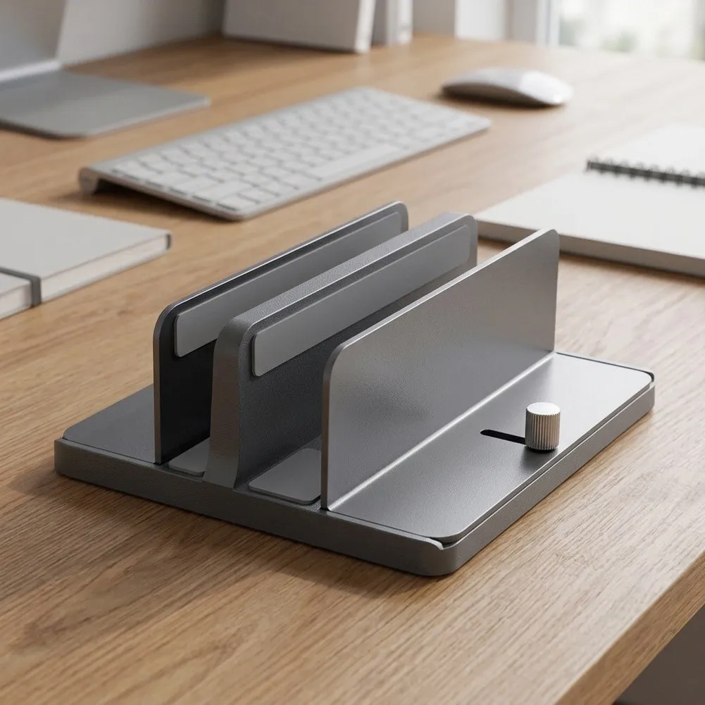 Vertical Laptops Stand With Adjustable Metal Dual Slot Multifunctional Storage Holder Desktop Bracket For Laptops & Tablets 3