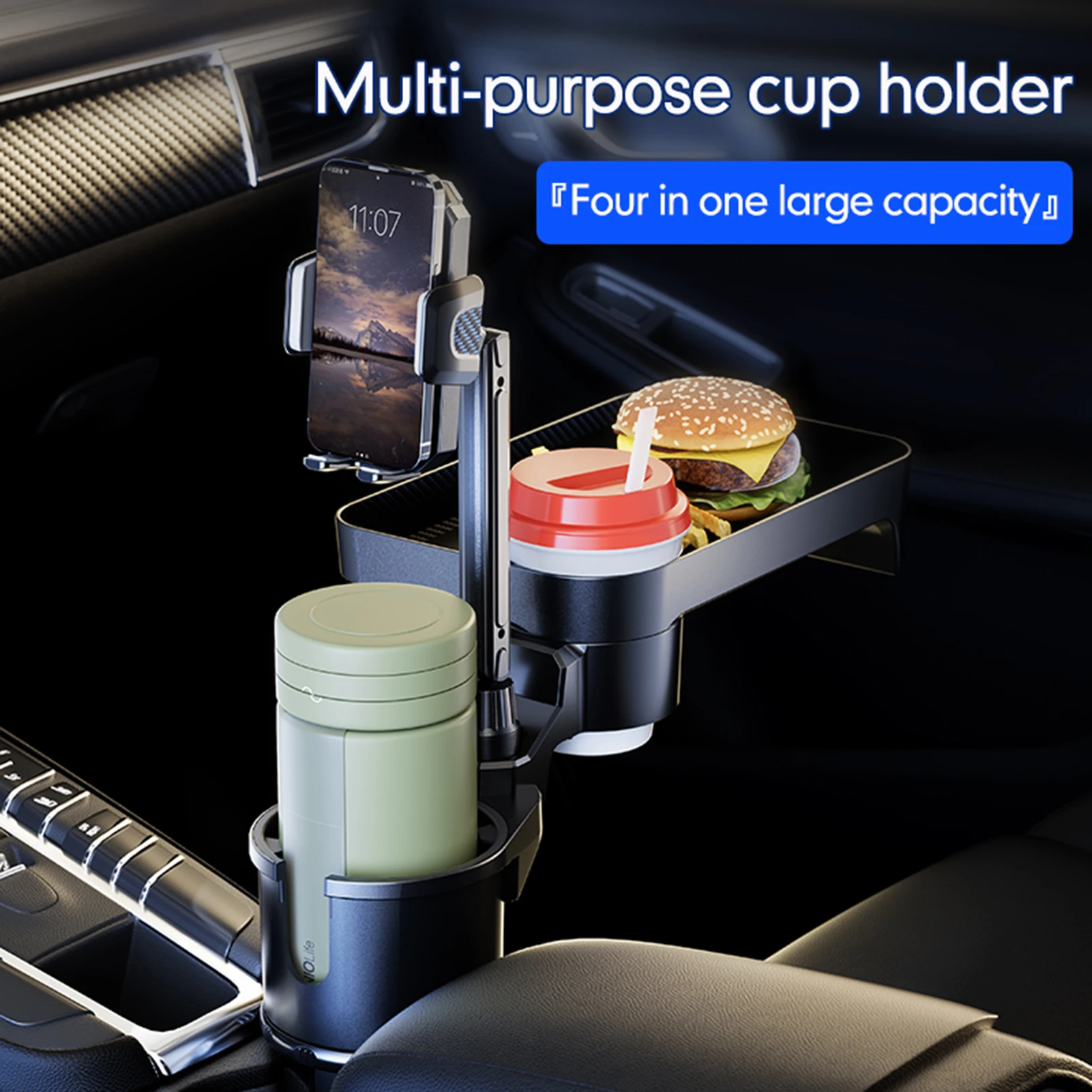 Car cup holder Multi-function cup holder expander with adjustable base for 360° rotating tray phone holder