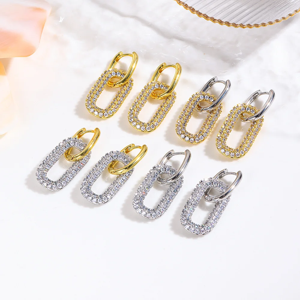 

2 pairs of light luxury copper-plated two-color oval earrings, earrings, trendy and fashionable women's daily party jewelry
