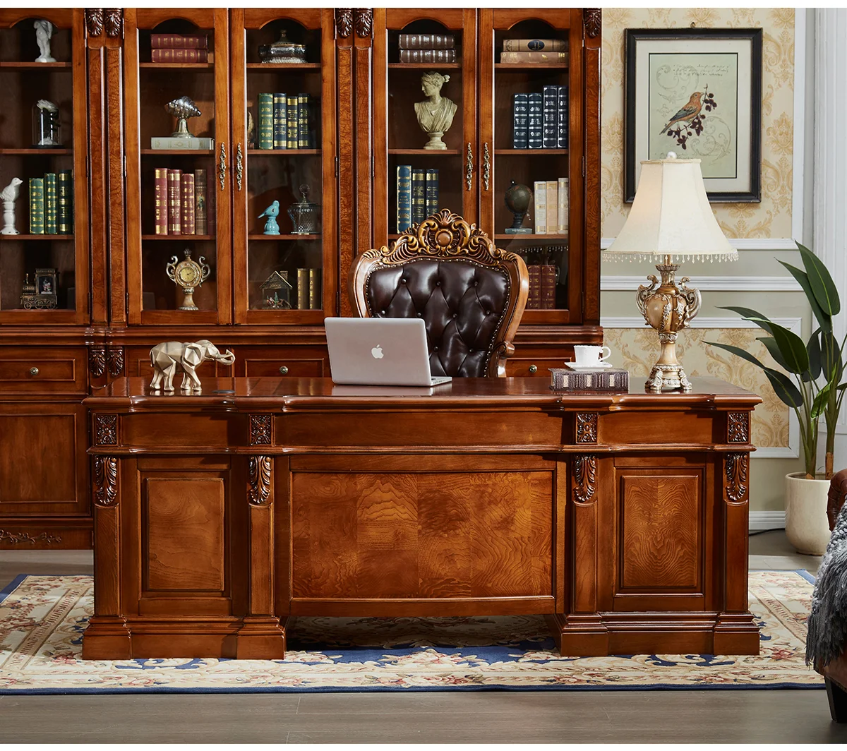 Solid wood retro executive desk - high-end computer desk and writing table for villa study
