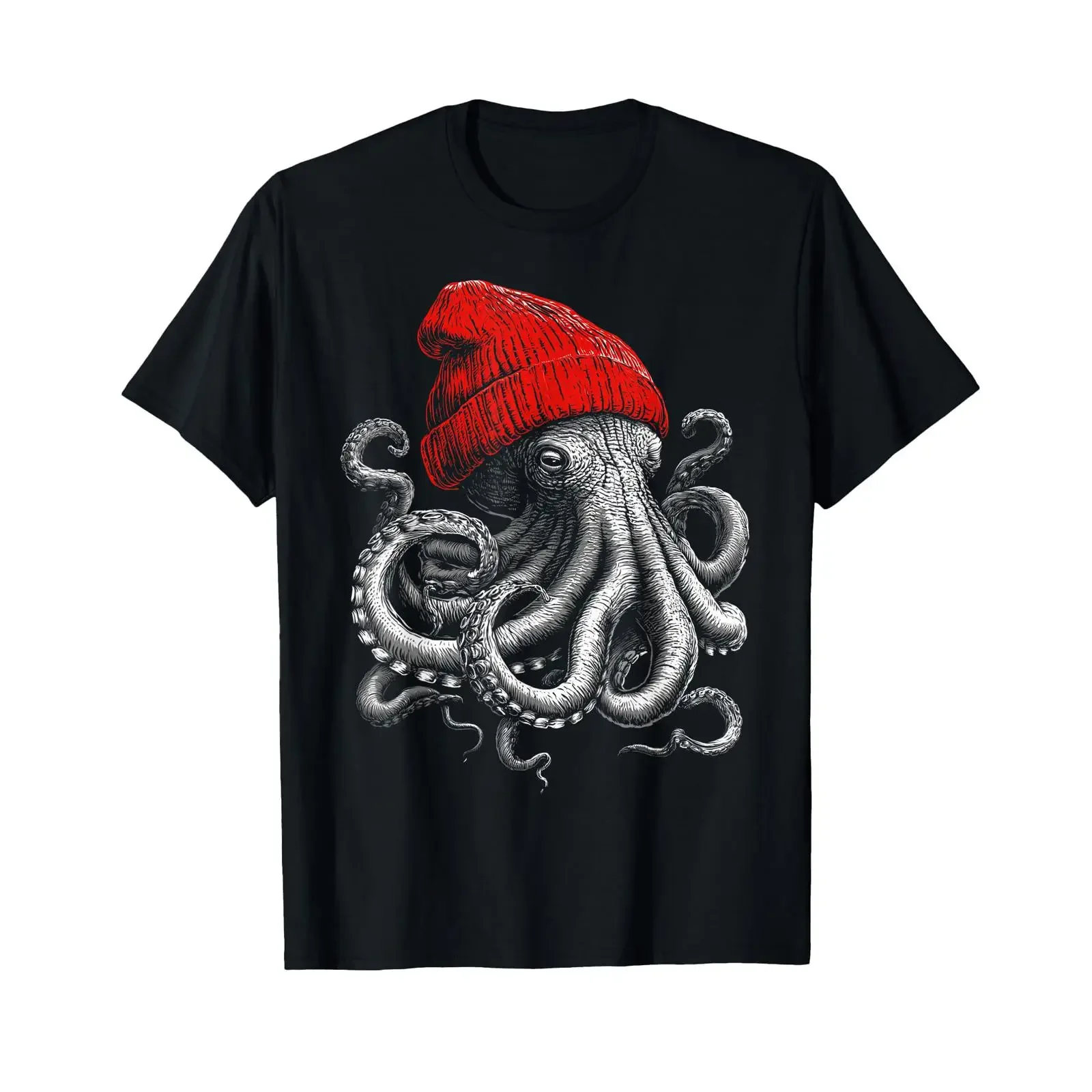 Pieuvre Portant Un Bonnet Rouge drôle d'hiver Animal de l'océan T Shirt vintage Washed fashion Soft Comfortable Breathable