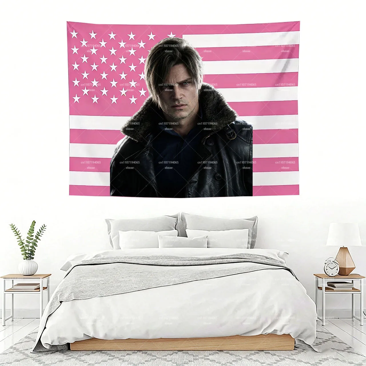 Leon S. Kennedy Pink USA Flag Tapestry, Resident Evil Character Wall Hanging for Bedroom Dorm, Horror Game Fan Decor