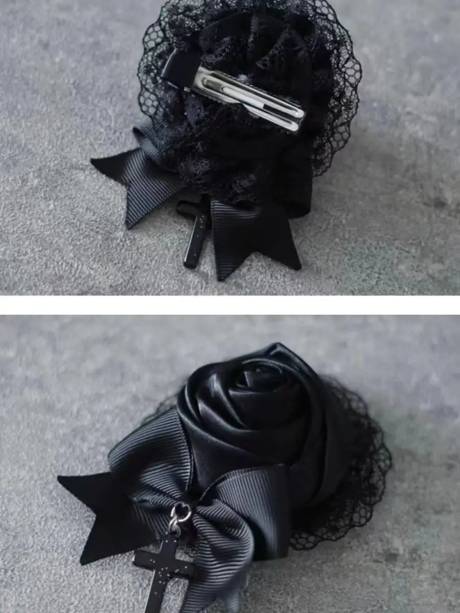 Y2K 걸스 블랙 레이스 새틴 보우 헤어 클립 손수 머리핀 고딕 다크 크로스 헤어웨어 크리스마스 선물 카와이 액세서리