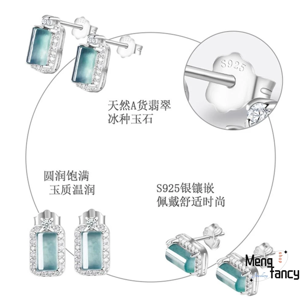 

Genuine Natural A-goods Jadeite Blue Water Bamboo Earrings Ice Jade S925 Silver Inlaid Sexy Young Girls Exquisite Luxury Jewelry