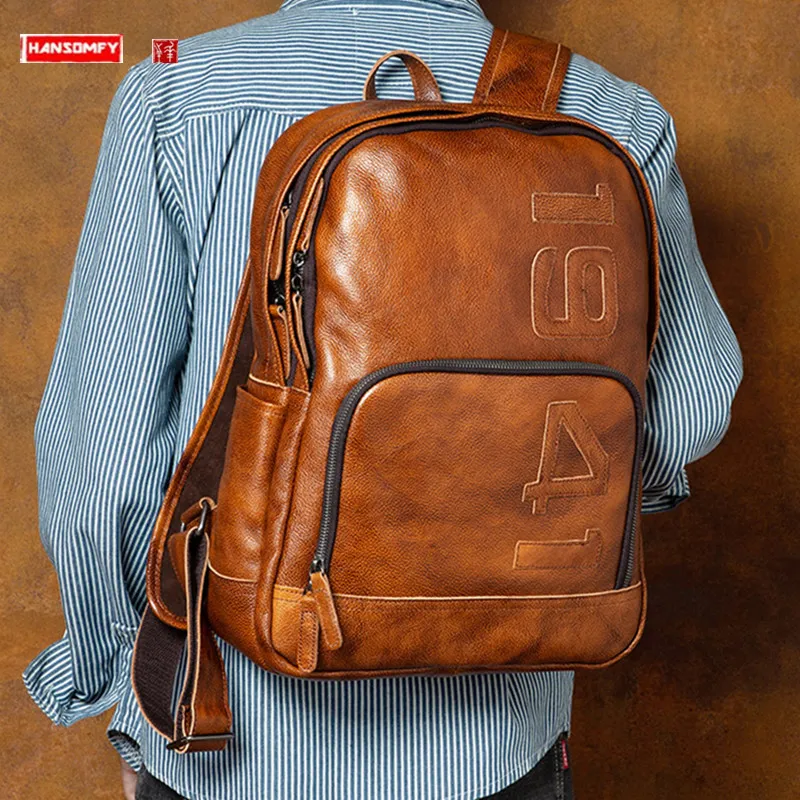 

Vegetable Tanning Leather Backpack Men's School Bag Retro American Motorcycle Leather Laptop Backpack Off-Road Travel Bag