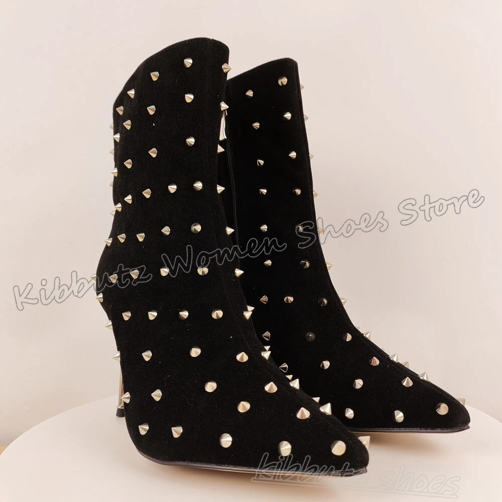 

Современные ботильоны с каймой и заклепками, модные роскошные элегантные лаконичные пикантные женские туфли без шнуровки на заостренном тонком металлическом каблуке, новинка