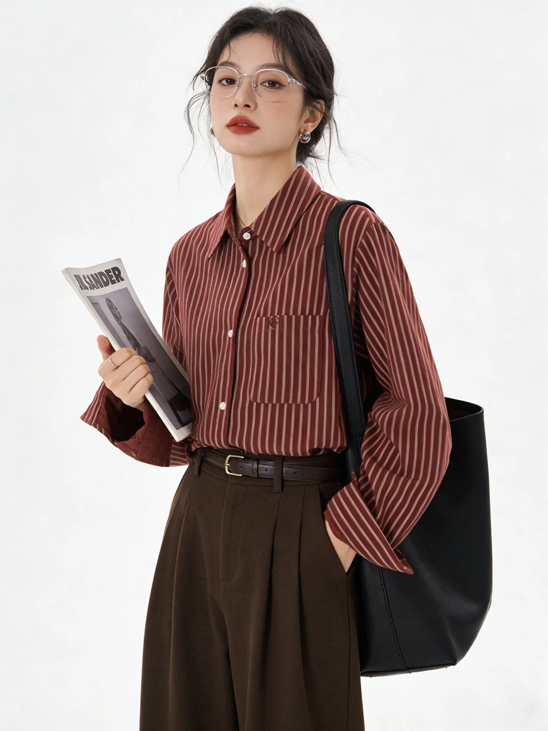 

Retro Red White Stripes Color Block Velvet Shirt Sun Protection Outerwear Early Spring Casual Slimming Blouse Korean Style