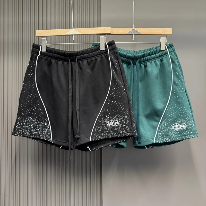 

Splice Stripe Embroidery Diamind Shorts Shortpants Men Women Black Green Loose Drawstring Beach Holiday Short Pants Breeches