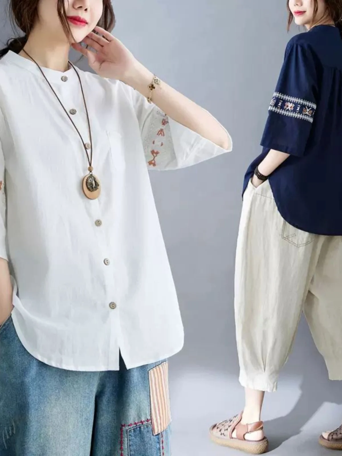 

Embroidered Loose Linen Shirt Women Summer New Five-Sleeve Thin Artistic Retro Top Slimming Versatile Regular-Length Shirt