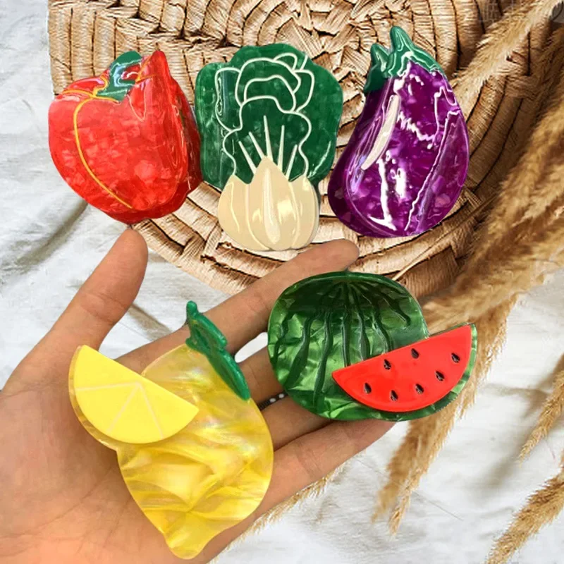 Funny Vegetable Fruit Series Hair Claw Acetate Apple Watermelon Eggplant Hair Clips Grab Shark Clip for Woman Hair Accessories