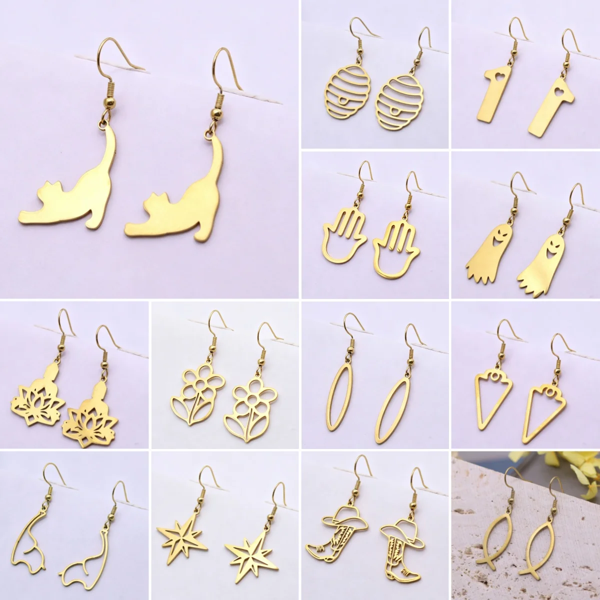 Chandler Multi Style Hollow Dangle Earrings Stainless Steel Mix Pattern Cat Ghost Western Jewelry Gifts for Women Men