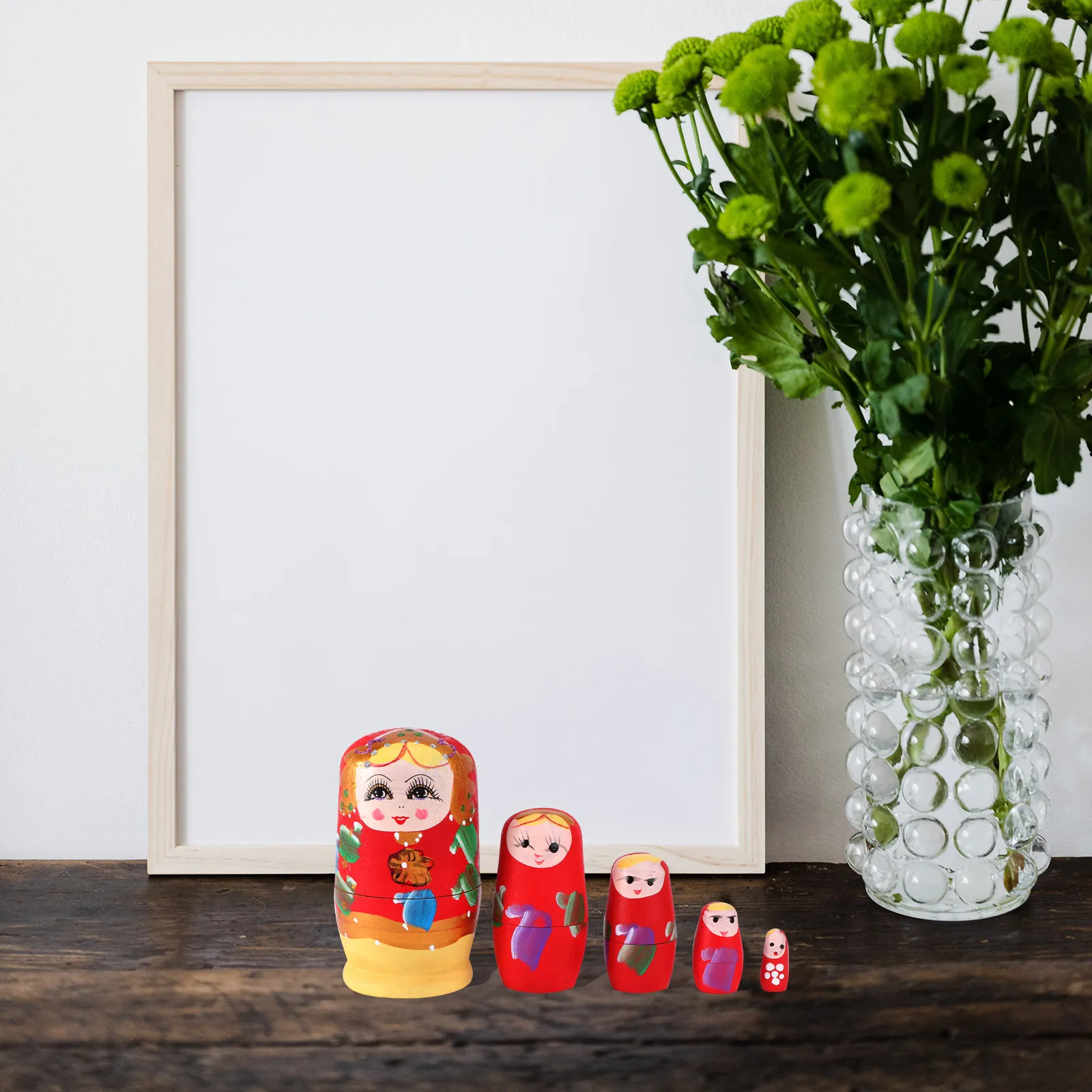 5Pcs Premium Wooden Nesting Matryoshka Decor Bright Painted Cartoon Design Safe Kids Friendly Ornament Home Office Desk