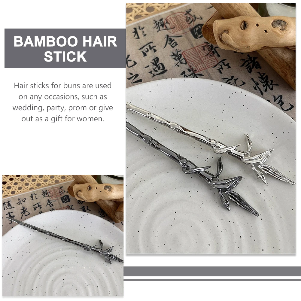 

2 Pcs Bamboo Joint Hairpin Stick Chopsticks Silver Metal Accessories for Buns Long Thick Hair Traditional Vintage Chinese Hair