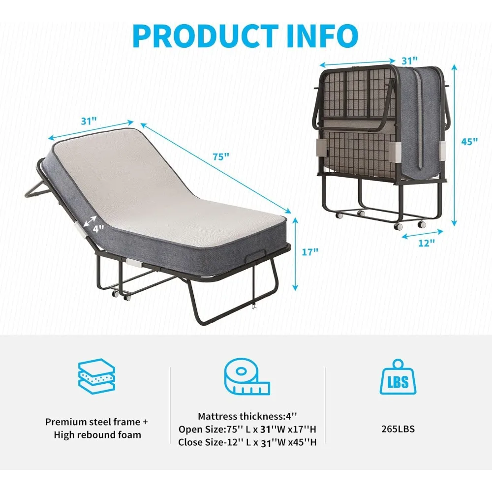 เตียงพับสำหรับผู้ใหญ่พร้อมที่นอน - เตียงแขกแบบมีล้อเลื่อน 75 x 31 นิ้ว, เตียงพับได้แบบพกพาพร้อมล้อล็อคได้, โครงโลหะแข็งแรงทนทาน
