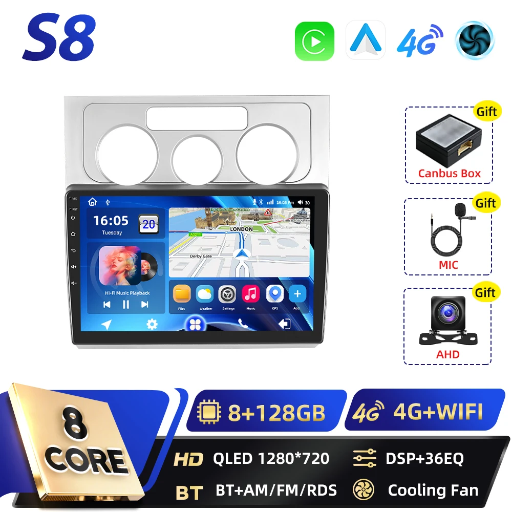 Podofo 8+128G 2din Android autoradio voor Volkswagen Touran 2006-2008 met Carplay, FM, GPS navigatie, DSP, Android Auto, RDS en BT