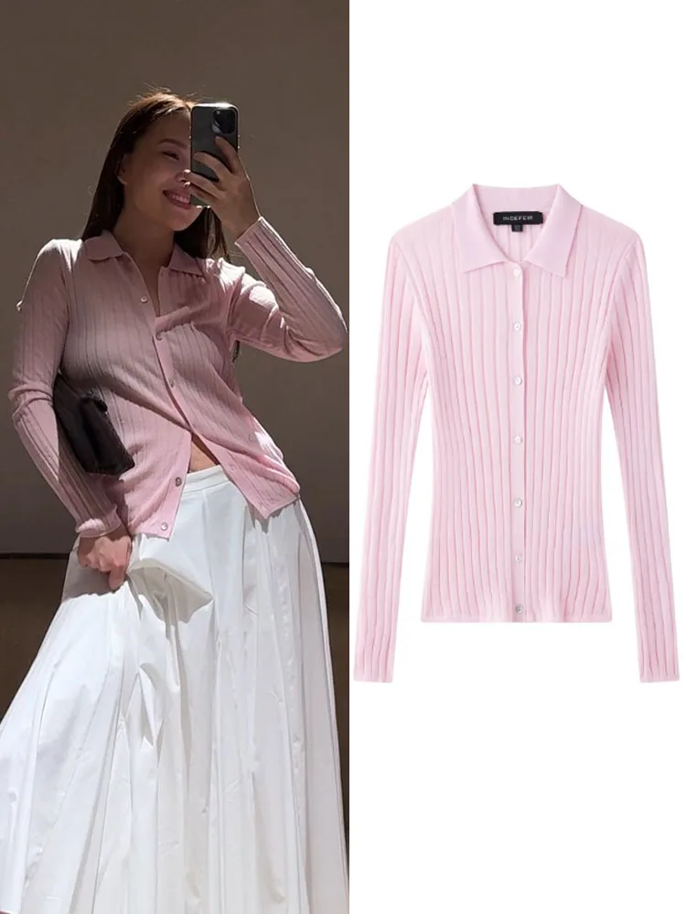 TRAFZA Women's Elegant Long Sleeve Slim Cardigan Solid Single-Breasted Rib Cardigan Polo Shirt Collar Knitted Coat Spring