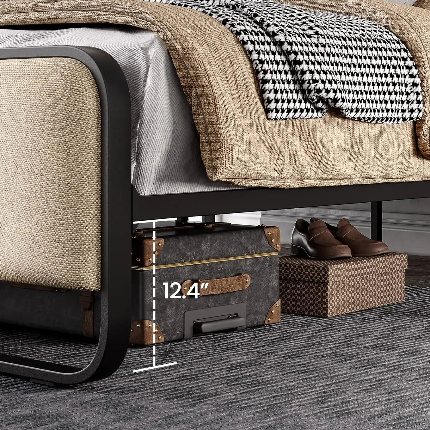 SHA CERLIN Металлический каркас кровати размера «queen-size» на платформе с изогнутым мягким изголовьем и изножьем, большое хранилище под кроватью, без коробки