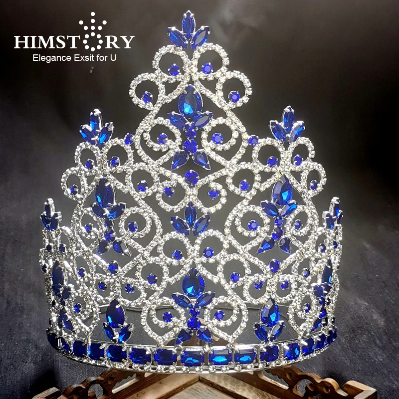 Himstory Fashion Queen King Tiaras Crowns Silver Color Blue Bridal Big Diadems Rhinestones Luxury Wedding Round Hair Accessories