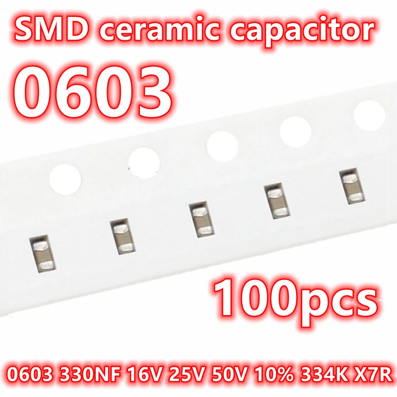 SMD 세라믹 캐패시터 IC 1608, 0603 330NF 16V 25V 50V 10% 334K X7R, 100 개
