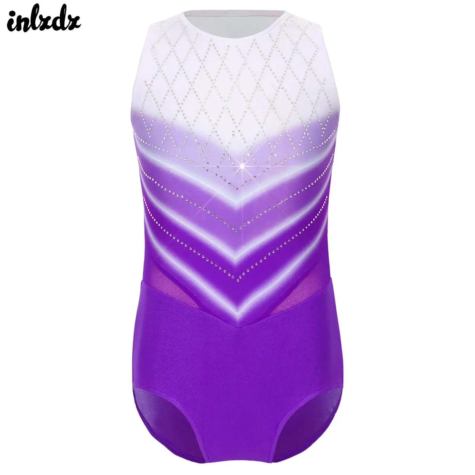 

Kids Girls Sparkly Rhinestones Gymnastic Ballet Jersey Leotards Dance Costumes Gradient Crotch Press Buttons Bodysuit Dancewear
