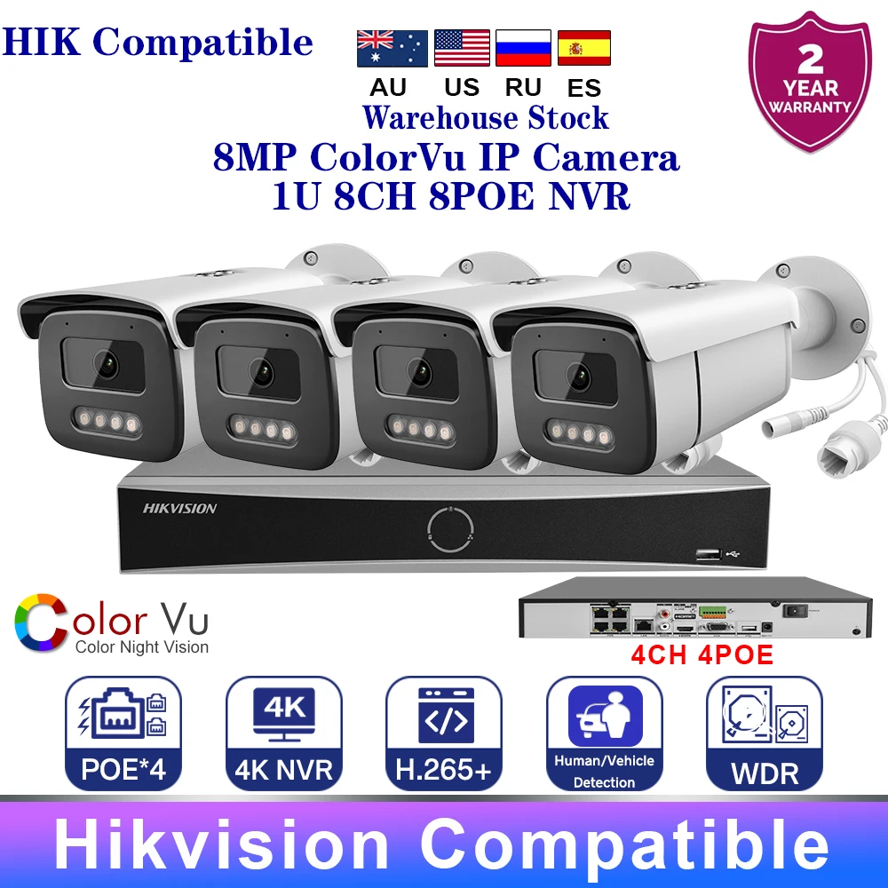 

4K 8MP Security CCTV System 4CH POE NVR ColorVu IP Camera Built-in Mic Human Vehicle Detection Plug&Play APP Hik-connect