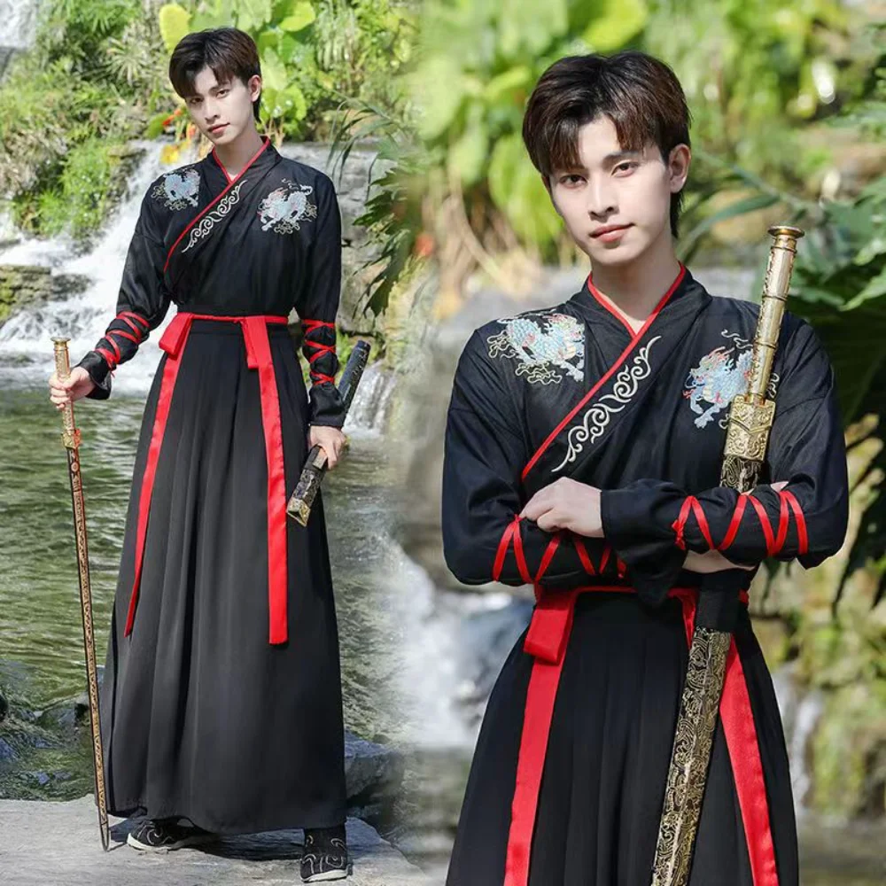 Kostum Cosplay tradisional Cina kuno pakaian Pria Wanita Ming Dynasty Hanfu pria pedang mainan hitam pria Hanfu untuk Halloween