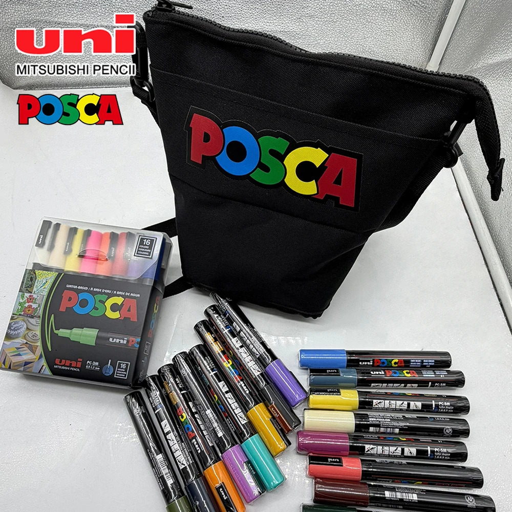 32pcs New Japan UNI POSCA Acrylic Markers Set  POP Crossbody Bag Poster Graffiti Painting Stacked Color School Art Supplies
