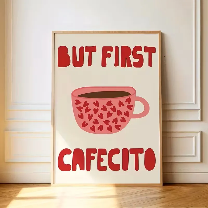 Modischer „First Coffee“-Leinwanddruck in Rosa, ästhetischer Stil, einfaches spanisches Kaffee-Thema, lustiges Küchendekorationsposter, rahmenlos