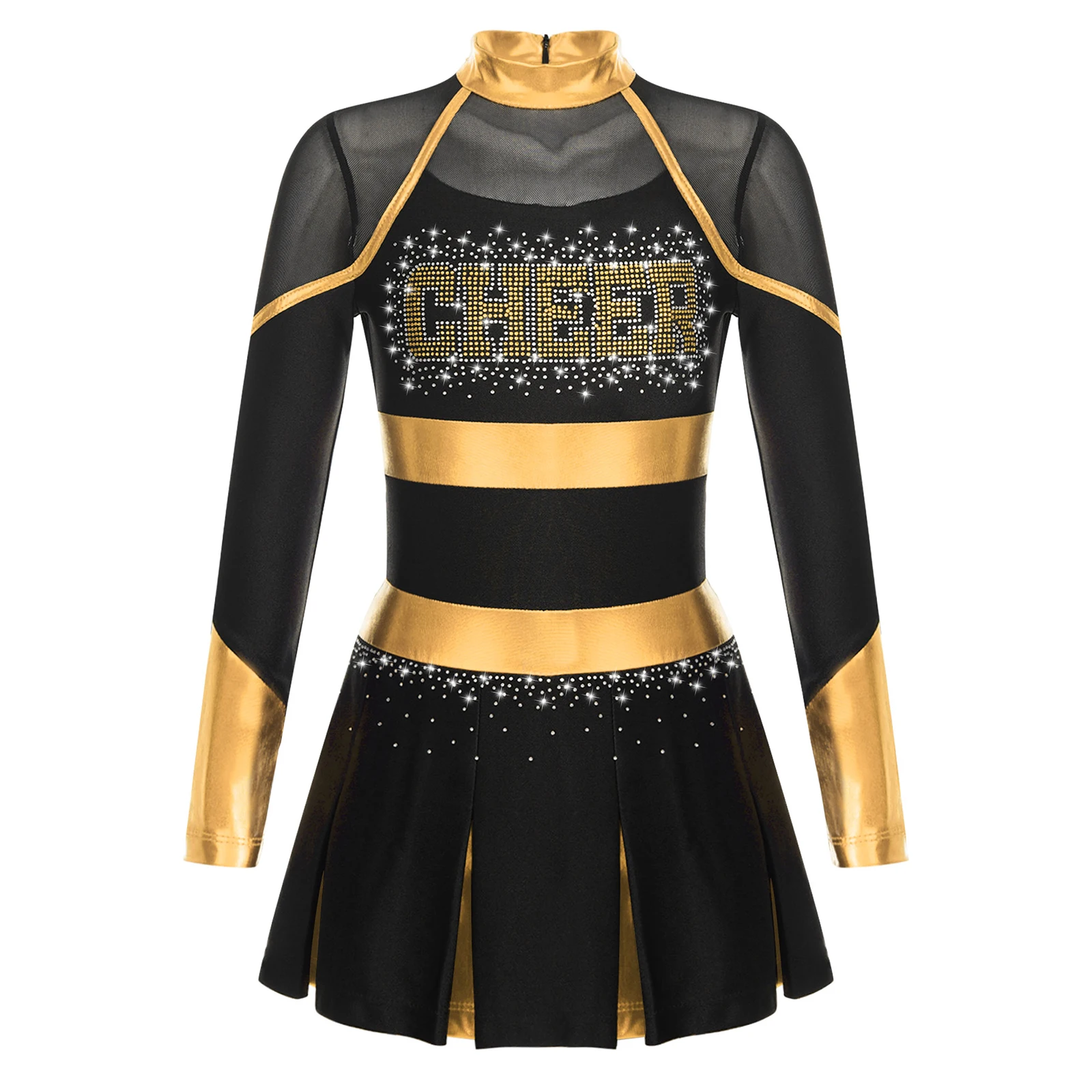 

2024 Kids Girls Cheerleading Uniform Ballet Dance Costume Long Sleeve Shiny Rhinestones Letter Pattern Patchwork Pleated Dress