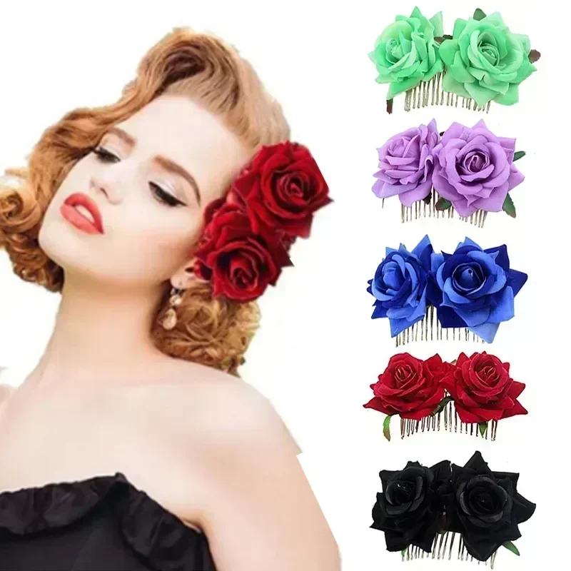 New Romantic Fancy Double Silk Artificial Rose Flower Hair Comb Purple Red Hair Clip Wedding Bridal Lady Prom Headpiece Headwear