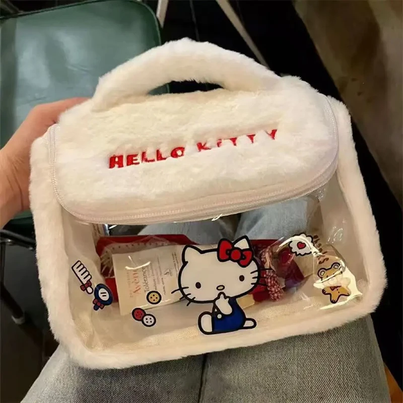 Bonito sanrio olá kitty saco de maquiagem figura dos desenhos animados melodia kuromi viagem portátil saco de armazenamento de cosméticos presentes de pelúcia meninas