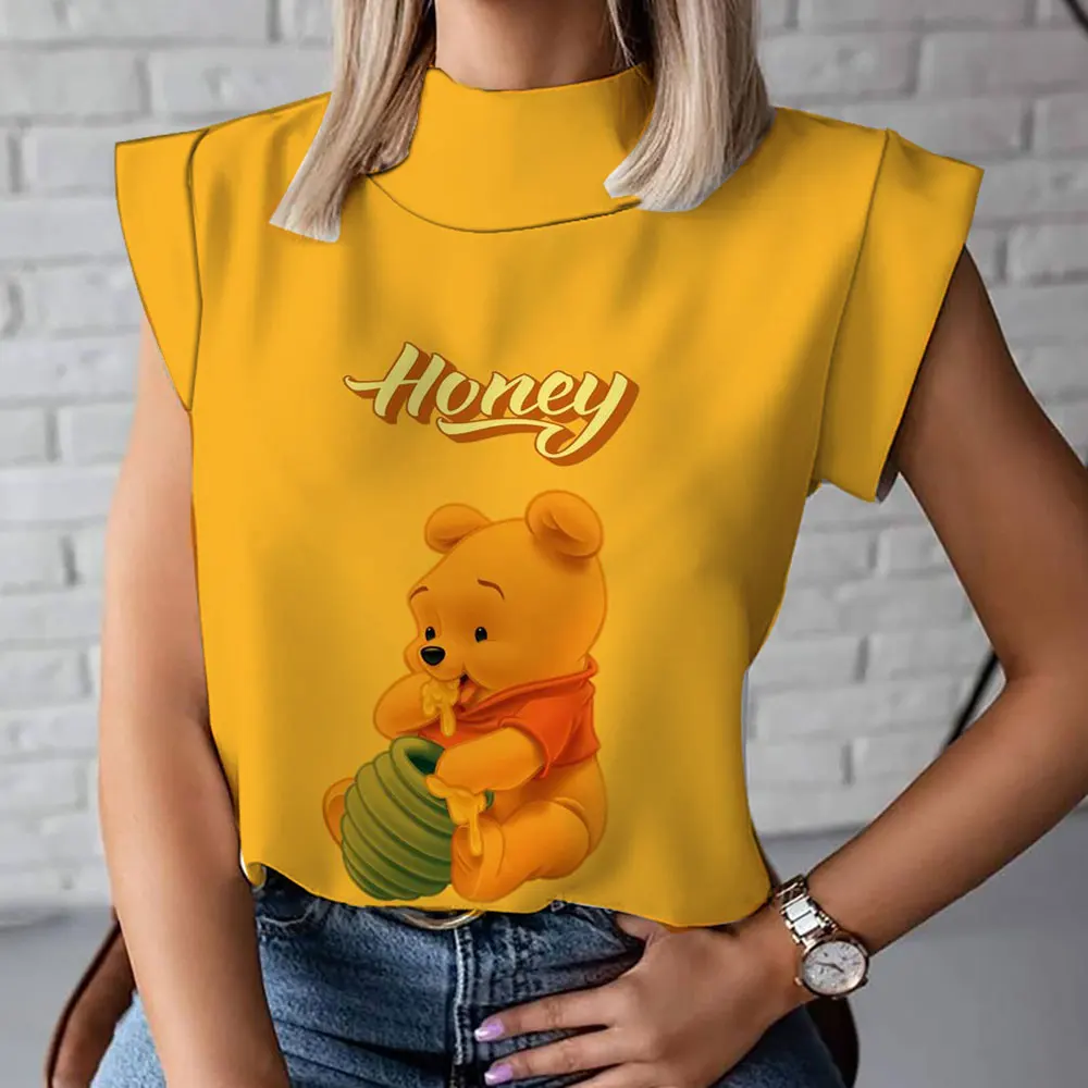 2023 Winnie the Pooh Animation Summer Fashion New Casual Versatile Cute Female Harajuku Street High Neck T-Shirt Vest y2k