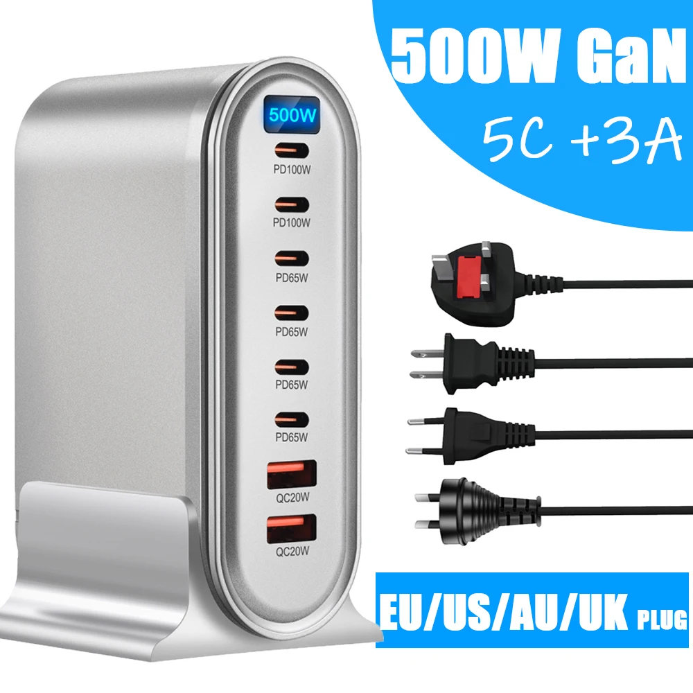 

500W GaN Charger 8 ports Desktop Charging Station PD USB A/C Charger For iPhone Samsung Redmi Note iPad MacBook 3.0 Fast Charge