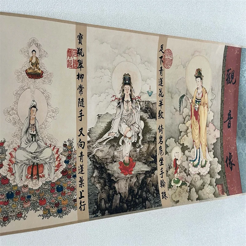 China Old long Scroll Painting ,Ding Yunpeng's watercolor painting of Guanyin statue collectibles