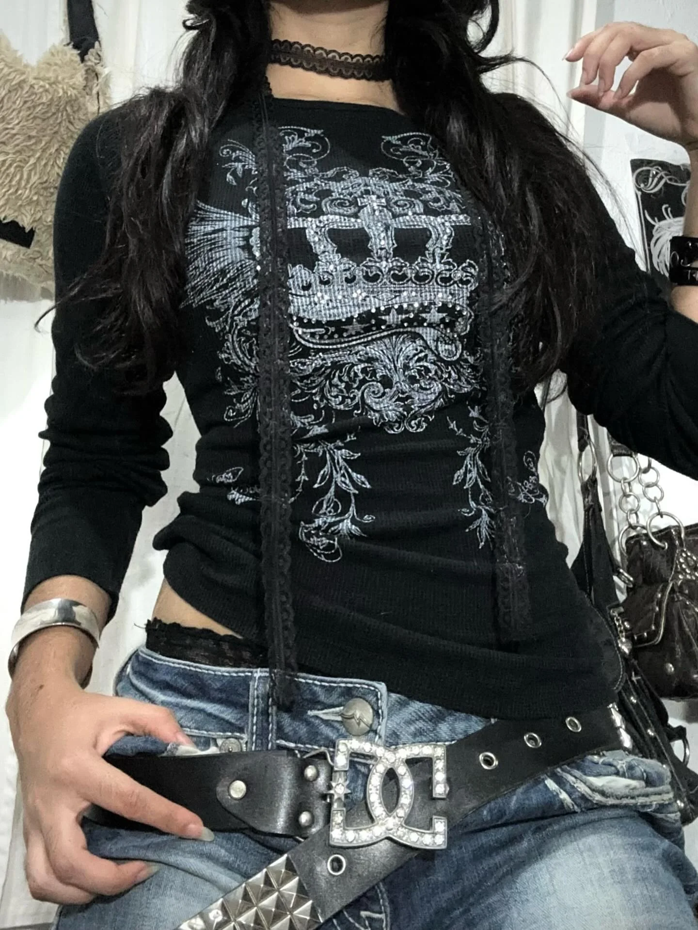 Women's Black Ribbed Long Sleeve Top with Crown Wing Print Slim Fit Y2K Gothic Streetwear Tee 2026 Fashion